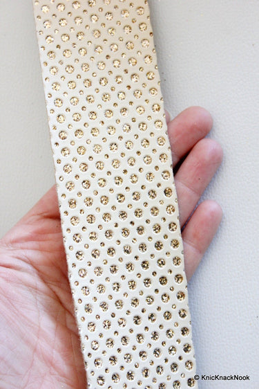 Beige Faux Leather Trim Lace With Gold Polka Dots, Approx 53 mm Wide
